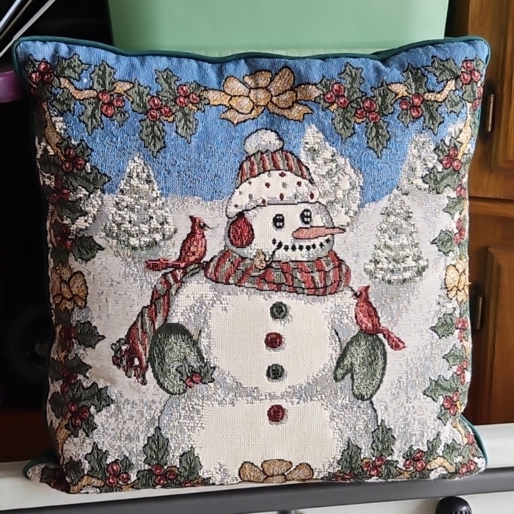 Festive Snowman Tapestry Pillow Winter Scene